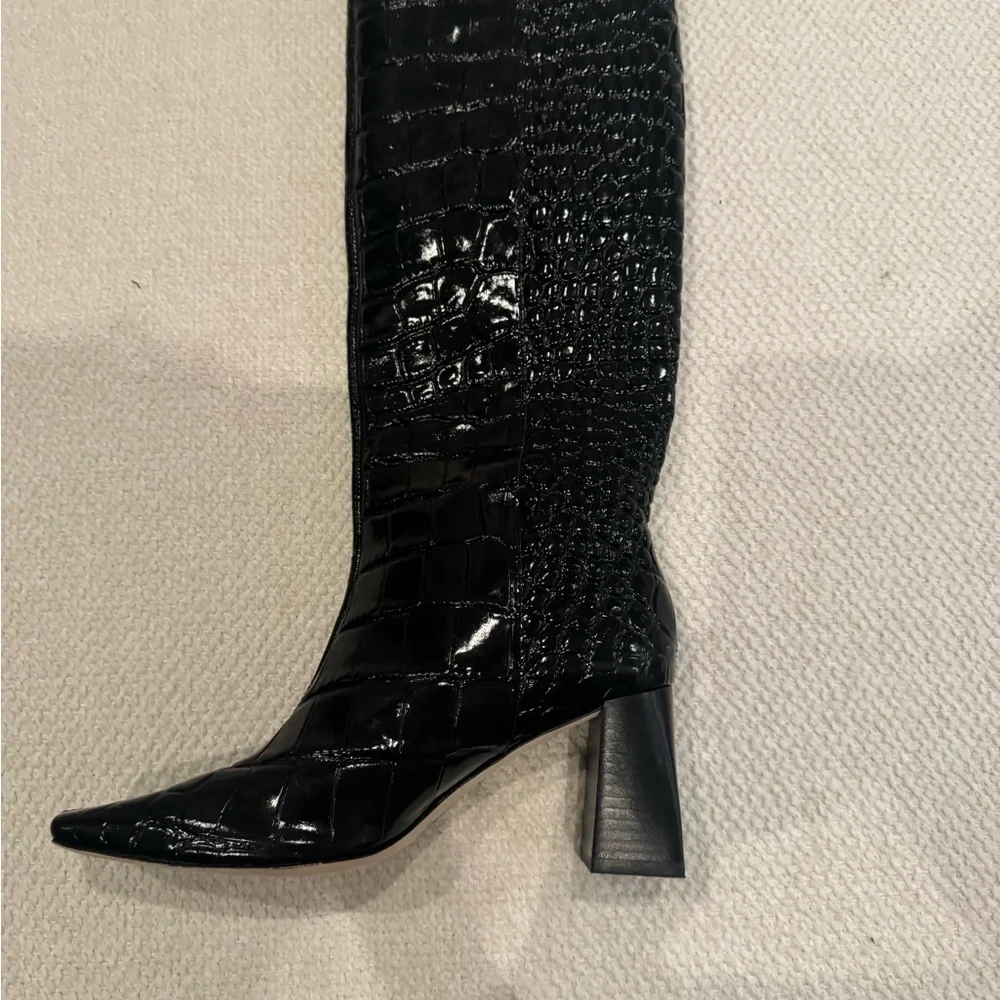 Brand New Reformation River Black Croc-Embossed Knee-High Boots